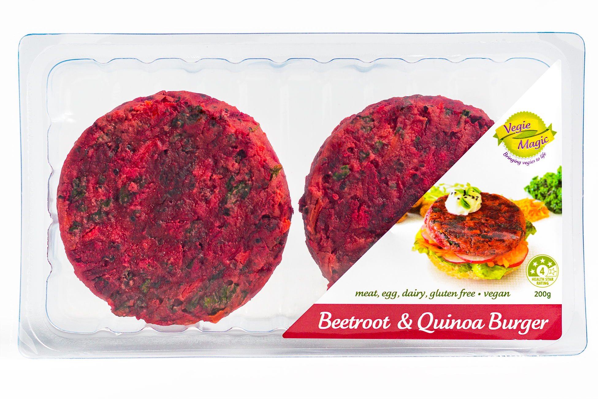 VM BURGER BEET QUINOA 200G 4C Beetroot quinoa GF 2PK Royal Foods